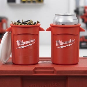 May include: Two red Milwaukee-branded containers. One holds screws, the other a silver can. Both have the Milwaukee logo in white. The container on the left has a white lid. The containers sit on a red surface.