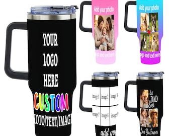 May include: Five tall stainless steel tumblers with black handles and clear lids. The tumblers feature customizable designs including a black one with text, a pink one with a family photo, a blue one with pet photos, a white grid layout, and a black one with family photos and text.