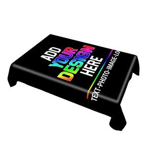 Może przedstawiać: Czarny prostokątny obrus z napisem ADD YOUR DESIGN HERE wykonanym czcionką z gradientem tęczy oraz dodatkowym białym napisem TEXT-PHOTO-IMAGE-LOGO wzdłuż boku, tworzący powierzchnię ekspozycyjną z możliwością personalizacji.