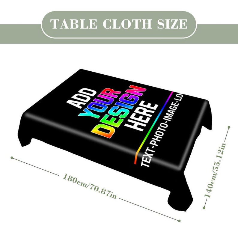 Może przedstawiać: Czarny prostokątny obrus z napisem ADD YOUR DESIGN HERE w tęczowym gradiencie oraz napisem TEXT-PHOTO-IMAGE-LOGO w kolorze białym. Wymiary wynoszą 180 cm na 140 cm, co jest zaznaczone liniami pomiarowymi na obrazie.
