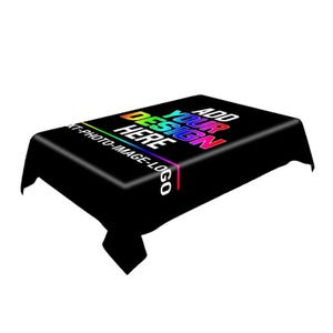 Może przedstawiać: Prostokątny czarny obrus z tęczowym tekstem z gradientem o treści ADD YOUR DESIGN HERE oraz białym tekstem o treści TEXT-PHOTO-IMAGE-LOGO z boku, zaprojektowany do niestandardowego druku i cel&oacute;w wystawowych.