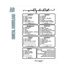 May include: A black and white printable weekly checklist with a handwritten font. The checklist is divided into daily, weekly, and monthly tasks. The days of the week are listed in a column on the left side of the page, with a list of tasks for each day. The tasks include things like cleaning the bathroom, doing laundry, and grocery shopping. The checklist also includes a section for daily tasks, such as making the bed and sorting mail.