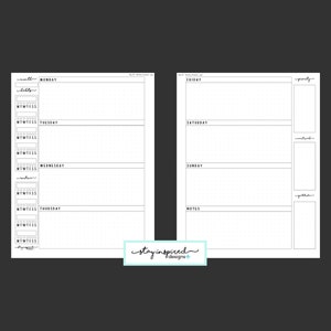 May include: A black and white printable weekly planner with a dotted grid background. The planner includes sections for Monday through Sunday, as well as a notes section and a priority, errands, and goals section.