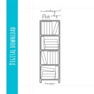 May include: Black and white line drawing of a bookshelf with four shelves filled with books. The top shelf has a small potted cactus and the text "reading log" above it. The bottom of the bookshelf has the text "stay inspired designs".