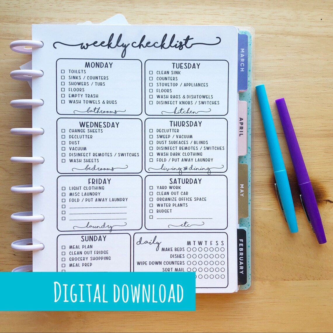 PRINTABLE CLASSIC Happy Planner Cleaning Checklist Planner - Etsy