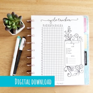 May include: A printable cycle tracker with a floral design. The tracker includes a grid for tracking your cycle, a key for flow levels, and a notes section. The text "cycle tracker" is written at the top of the page.