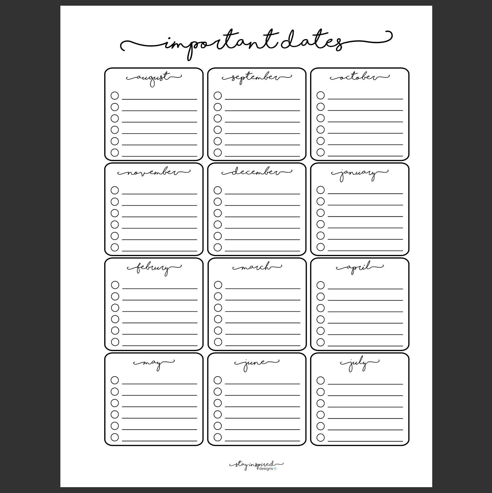 PRINTABLE CLASSIC Happy Planner Important Dates Insert Happy Planner ...