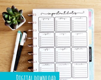 PRINTABLE - BIG Happy Planner Important Dates Insert | Happy Planner 12 Month Insert | BIG Happy Planner Insert