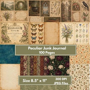 May include: A digital junk journal kit featuring 100 pages with vintage botanical illustrations, butterfly charts, lined paper, and floral patterns. The collection includes various textures and motifs in an 8.5 inch by 11 inch format.