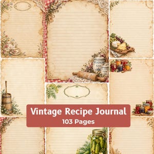 May include: A collection of vintage-style lined stationery pages featuring illustrations of kitchen items like a rolling pin, flour jars, pickles, and fruit. The paper has a distressed, aged appearance with tea-stain effects and lace accents.