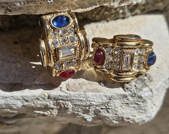 Pendientes de clip de diseñador con cabujón de cristal de zafiro rubí oro vintage y diamantes de imitación, estilo pasarela.
