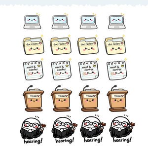 May include: A sheet of stickers featuring cute illustrations of legal-themed items. Includes laptops, file folders labeled "doc review", notepads with "meet & confer", podiums with "trial", and judges with "hearing!" text.