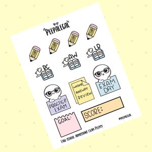 May include: A white sticker sheet with various study-themed illustrations. Includes pencils, books, and cartoon characters holding signs with text like "Practice Exam" and "Exam Day." The text "Peepalegal" is at the top.