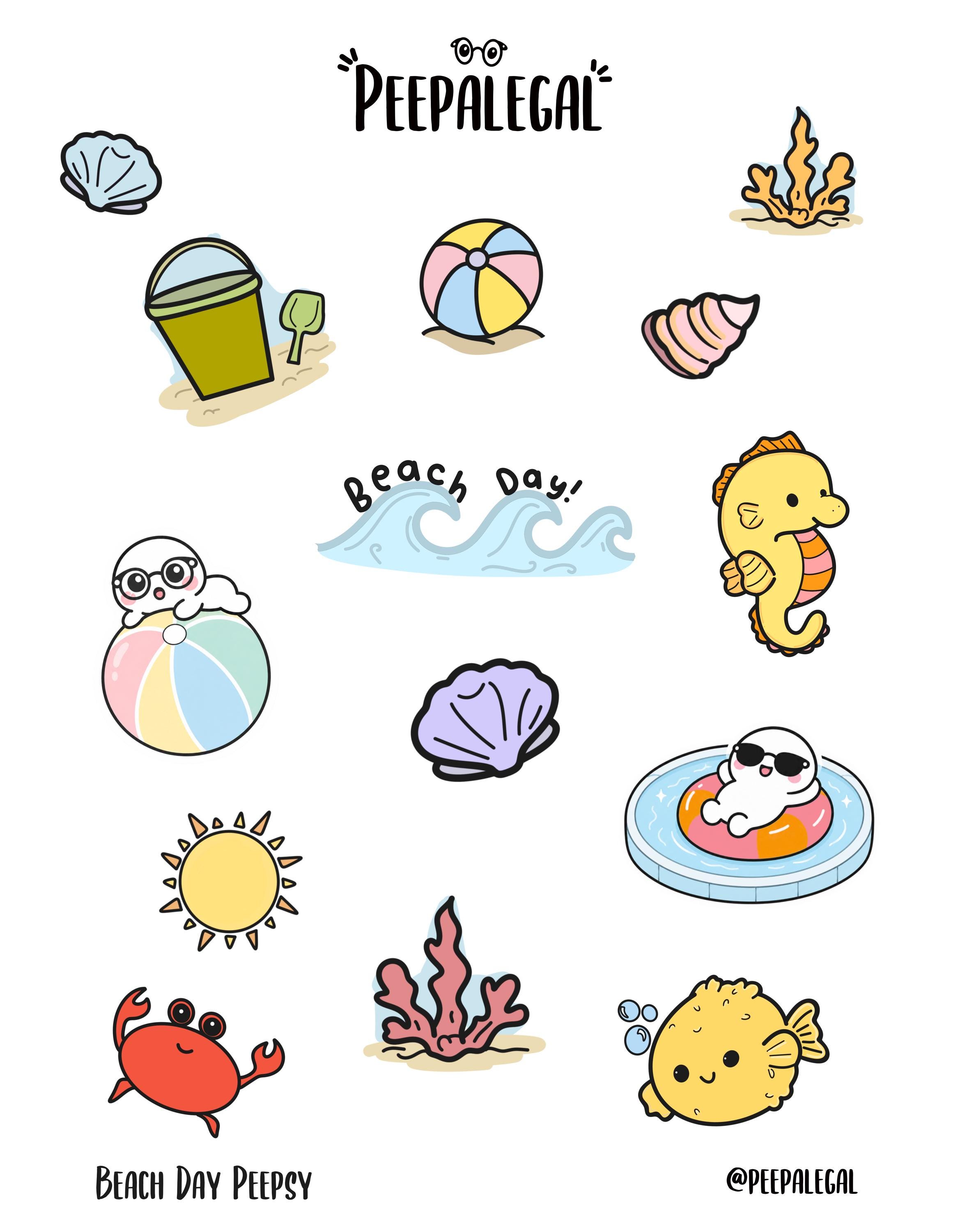 Beach Day Peepsy Sticker Sheet || Hand Drawn Doodle Stickers for ...