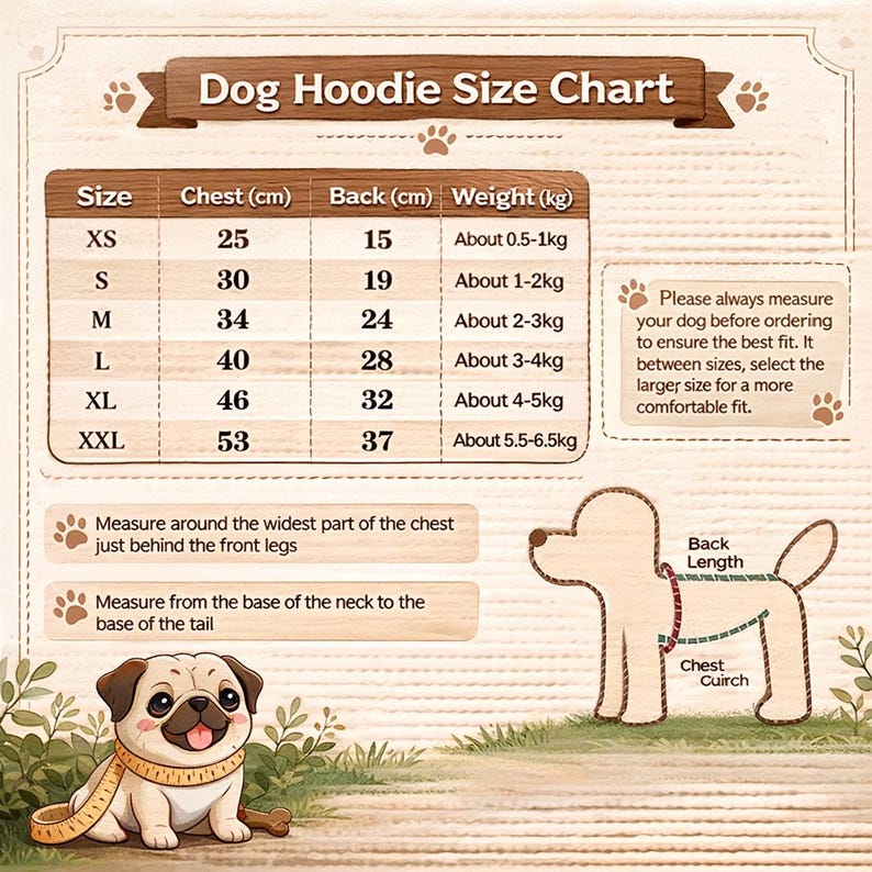 May include: A size chart for dog hoodies, featuring measurements in centimeters and kilograms. The chart includes sizes XS to XXL, with chest and back length measurements. A pug dog is shown with a measuring tape, and a diagram illustrates how to measure a dog.
