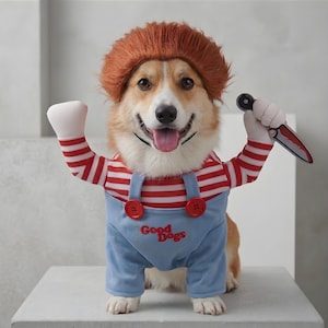May include: A Corgi dog wearing a costume consisting of a red and white striped long-sleeve shirt, light blue overalls with red buttons and the text Good Dogs embroidered on the front, a brown wig, and two attached stuffed arms, one holding a toy knife.
