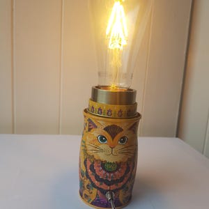 Upcycled Micro Lamp – Colourful Monty Bojangles Cat Art Light – Upcycled Decorative Tin Lamp – Small Table Lamp – PAT Tested – Unique Gift
