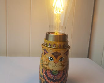 Upcycled Micro Lamp – Colourful Monty Bojangles Cat Art Light – Upcycled Decorative Tin Lamp – Small Table Lamp – PAT Tested – Unique Gift
