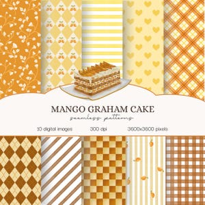 May include: A digital art image showcasing a variety of seamless patterns in shades of yellow, orange, and brown. The patterns include floral, geometric, and striped designs. A slice of mango graham cake is featured in the center. Text reads "MANGO GRAHAM CAKE seamless patterns."