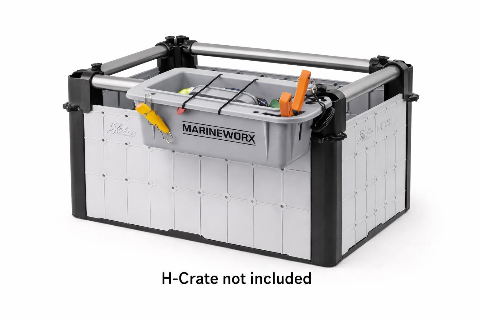 hobie h crate tackle box HLOGREE FlexCrate Kayak Fishing with 4 Rod Holders (Assembly Needed),13''x13''x13'' Compact Kayak Storage & Gear Organizer for Kayaks,with Lockable Lid The outer perimeter of the tackle bin has spaces for your grips Hobie Kayak Fishing H-Crate -