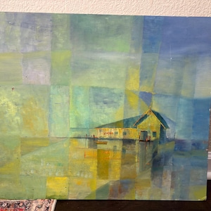 May include: Abstract painting of a yellow building with a dark roof, set against a backdrop of blue and green geometric shapes. The artwork has a textured appearance, with visible brushstrokes and a muted color palette.