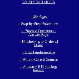 Könnte beinhalten: Eine blaue Grafik mit weißem Text, der den Inhalt eines Studienführers auflistet. Der Text enthält "39 Seiten", "Step-by-Step Procedures", "Practice Questions + Answer Keys" und andere medizinische Themen.