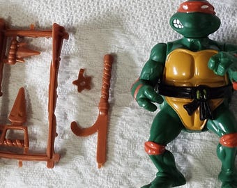 Vintage 1988 Teenage Mutant Ninja Turtles TMNT MICHELANGELO Playmates Action Figure Hard Head w/Belt and Accessories