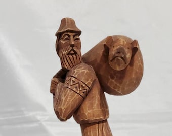 Vintage Hand Carved Wood Man Farmer Carrying Pig to Market in a Sack/Bag Wooden Figurine, 9" Wood Carving