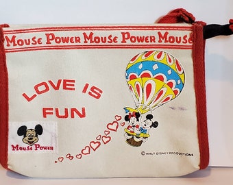 Vintage Mickey Mouse maquillaje bolsa 1960 Walt Disney Productions Mouse Power, Mickey & Minnie en globo aerostático, bolso clutch Hong Kong hecho