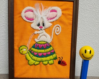 Vintage 1960s-1970s Crewel Embroidery Picture, White Bunny Riding Green Turtle Wood Frame 8.5" x 7" Groovy Colors Orange Green Pink, Ladybug