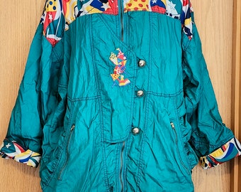 Women's Lavon By Cheerful Corp Vintage 1990s Teal Green Parachute Jacket Size Small with Colorful Accents, Shoulder Pads