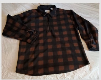 Vintage 1990's Bugle Boy Buffalo Plaid Fleece Pull Over, Long Sleeve 1/2 Zipper Brown Black Men's/Adult Size Large