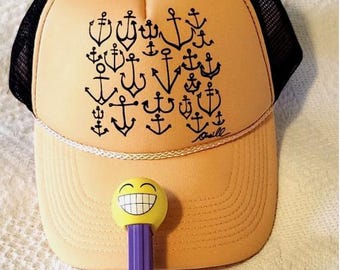 1990's O'Neill Surf Hat, Trucker Snapback Cap, Gold w/Black Anchors Foam Mesh, Vintage Surfing Clothing