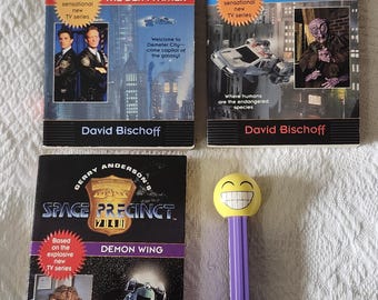 1990s TV Show, SPACE PRECINCT 2040 Paperback Book Lot x3: Demon Wing, Deity-Father, Alien Island, David Bischoff Vintage Sci-Fi