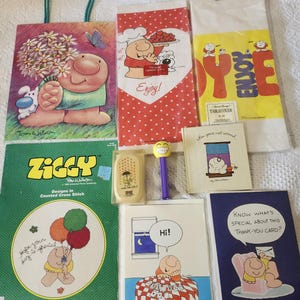 Vintage 1968-1987 Ziggy LOT: Paper Tablecloths, Gift Bag, Soap, Greeting Cards, Needlecraft Book, Gift Book Tom Wilson