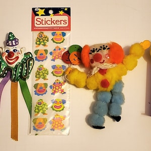 Vintage Clown LOT: Circus Clown Head Pin- Hand Painted Plaster; Pompom Clown Magnet and NOS Unopened pack of 12 Stickers