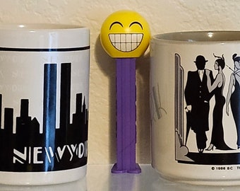 Vintage New York City Coffee Mug 1980's YOUR CHOICE: Twin Towers WTC Skyline or Art Deco Theater Night, Black and White Ceramic Souvenir Cup