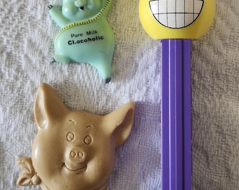 Vintage Pig Fridge Magnets, Brown Pig Face Cast Resin, Green Russ 2” Chocoholic