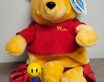 Vintage 1990's Disney Winnie the Pooh Plush Backpack by Pyramid New w/Tags Red Straps, Zipper Pouch