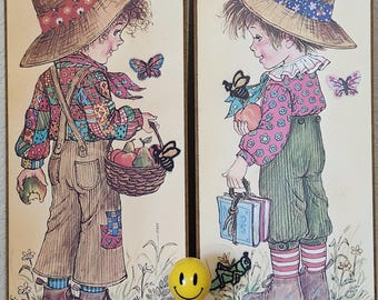 1970s Patchwork Children Kids Wall Plaque by Artist AMY, Country Calico Boys, Butterflies Bees Insects Plaid Straw Hats Overalls Kitsch