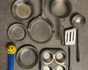 Vintage Child's Set Stainless Steel Cookware Bakeware Playset Pie Pans Pots Utensils 8 pieces