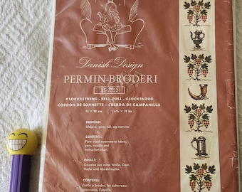 Vintage Cross Stitch Kit, PERMIN of Copenhagen, Bell Pull #35-2352 NOS, 6.5" x 39" Door Decoration Hanger, German Steins and Grapes Motif