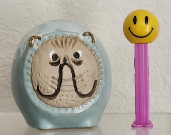 Vintage 1970s Japan Stoneware Pottery Lion Coin Bank, Pale blue Round Plump Lisa Larson Style MCM