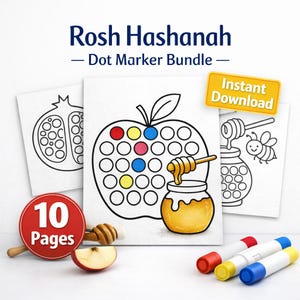 May include: Rosh Hashanah Dot Marker Bundle with 10 pages. The printable features black and white line art of a pomegranate, an apple with a honey dipper and jar, and a bee with a honey pot. Some circles are filled with red, yellow, and blue.