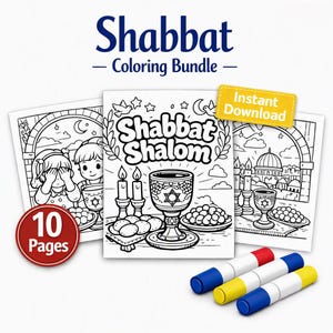 May include: A Shabbat coloring bundle featuring 10 pages of black and white line art. The cover page displays the text Shabbat Shalom, a kiddush cup with a Star of David, candles, and challah bread. Includes a yellow Instant Download tag.