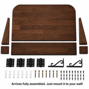 May include: A dark brown wood-grain wall shelf kit including a large rectangular shelf, a smaller rectangular shelf, two side supports, two square blocks, four black hinges, two decorative black metal brackets, wall anchors, and screws.
