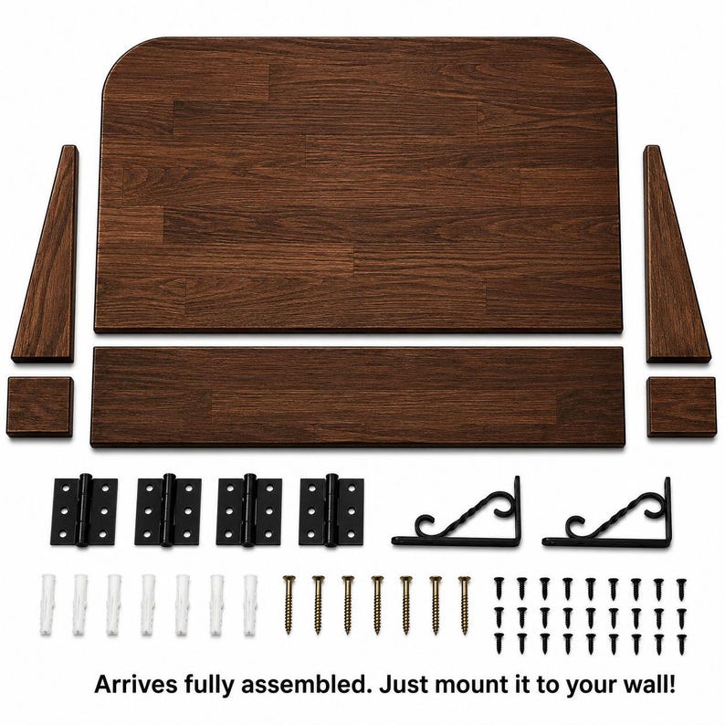 May include: A dark brown wood-grain wall shelf kit including a large rectangular shelf, a smaller rectangular shelf, two side supports, two square blocks, four black hinges, two decorative black metal brackets, wall anchors, and screws.