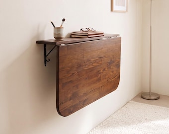 Wall Mounted Folding Table With Shelves, Solid Wood Murphy Desk