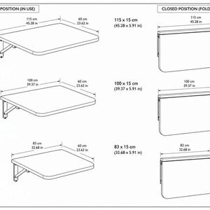 May include: A technical diagram showing wall-mounted folding tables in open and closed positions. Dimensions are provided in inches and centimeters for three sizes: 45.28 x 23.62 inches, 39.37 x 23.62 inches, and 32.68 x 23.62 inches for open tables.