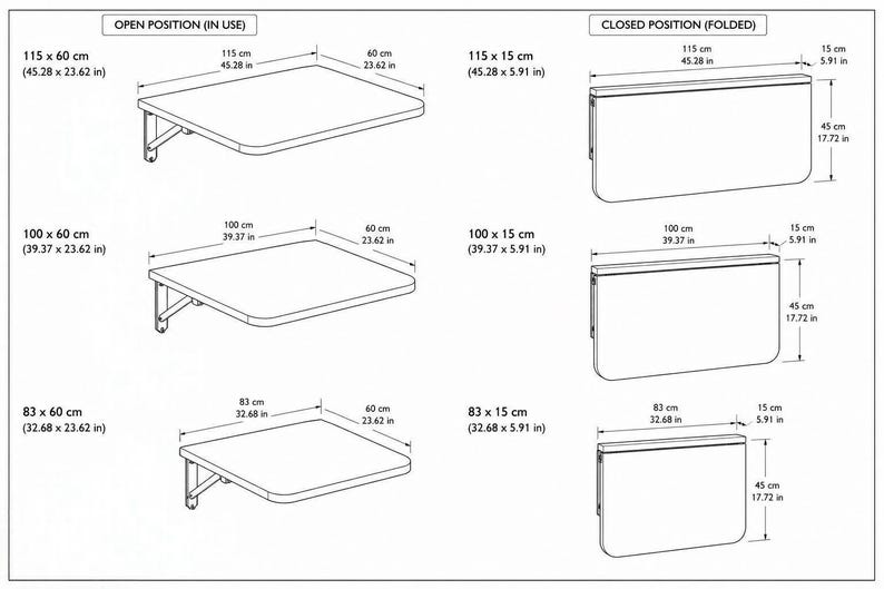 May include: A technical diagram showing wall-mounted folding tables in open and closed positions. Dimensions are provided in inches and centimeters for three sizes: 45.28 x 23.62 inches, 39.37 x 23.62 inches, and 32.68 x 23.62 inches for open tables.